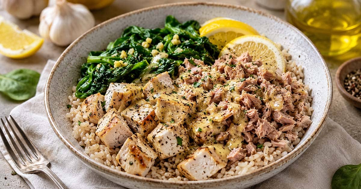 High-Protein Spinach Chicken & Tuna Rice Bowl