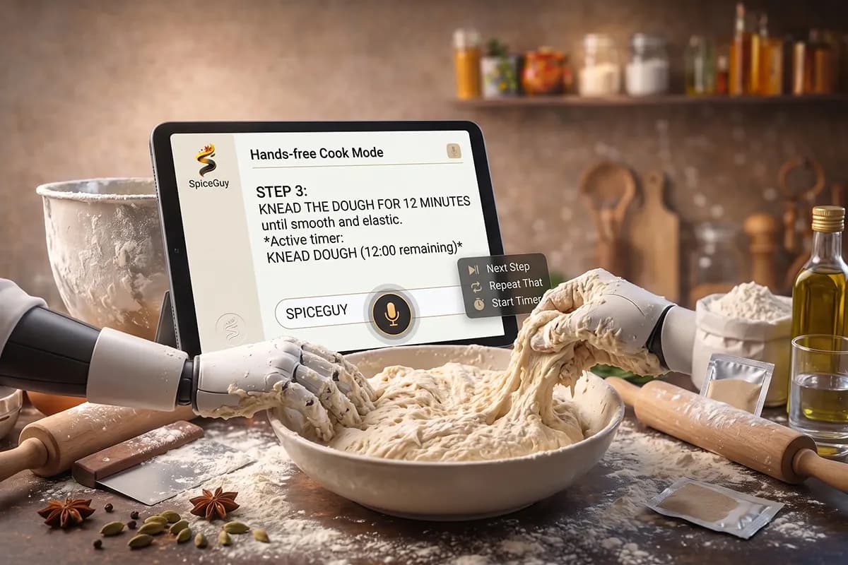 Hands working at a hob with the recipe step on a propped-up phone
