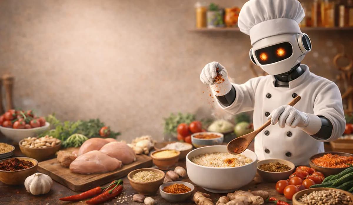 A warm kitchen scene with SpiceGuyBot ready to help