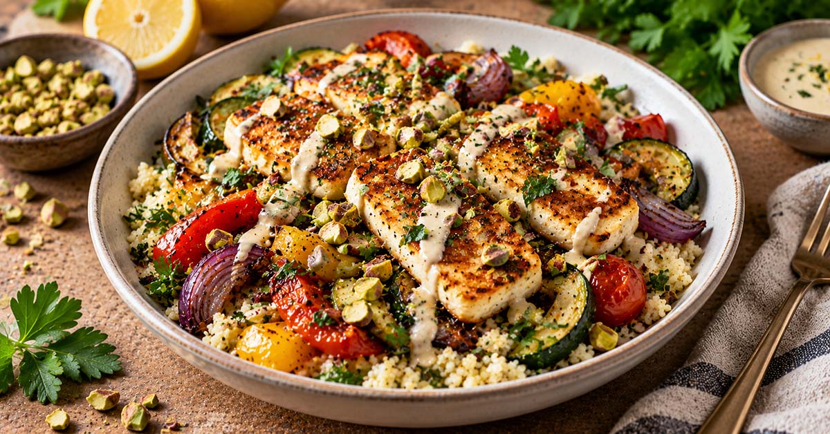 Crispy Halloumi Bowls with Roasted Vegetables & Herbed Couscous