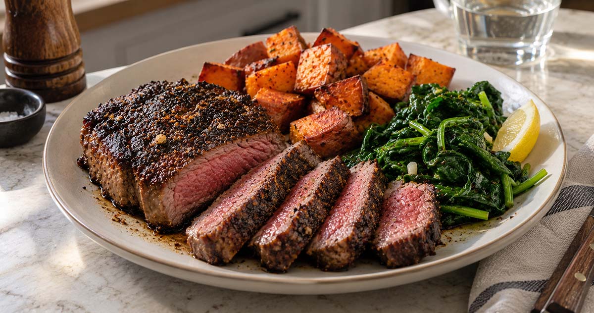 Espresso-Cocoa Rubbed Steak with Roasted Sweet Potatoes