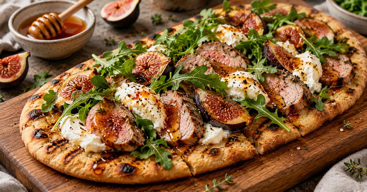 Grilled Pork Tenderloin, Fig & Burrata Flatbread with Hot Honey