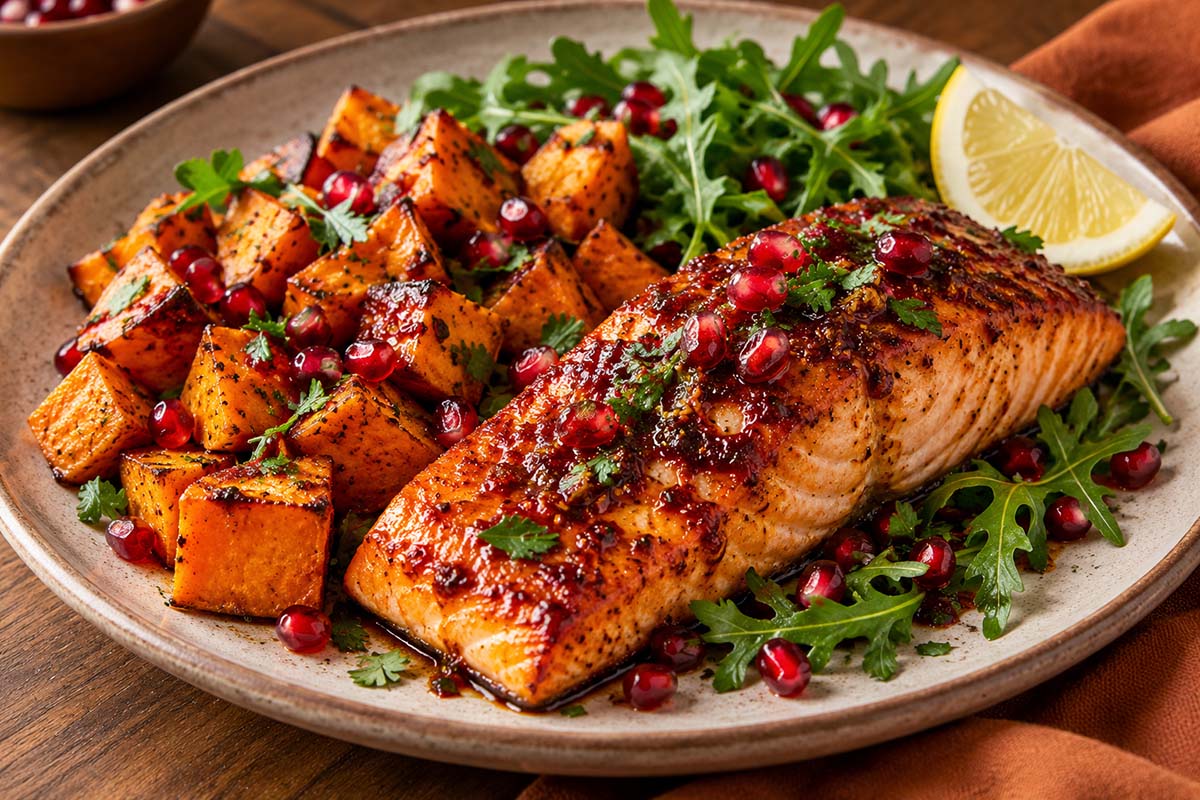 Harissa Roasted Salmon with Sweet Potato & Pomegranate