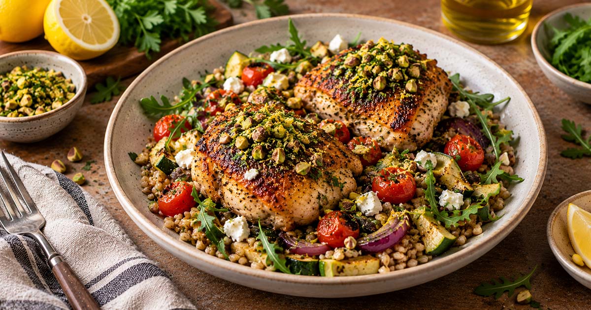Lemon-Olive Oil Chicken with Pistachio Gremolata & Warm Farro Salad