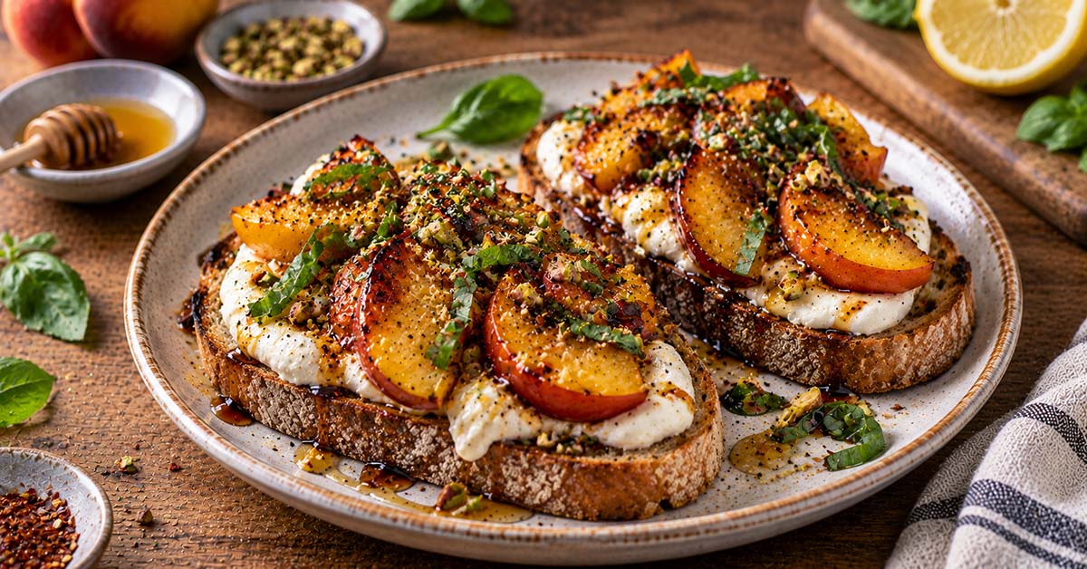 Roasted Peach Burrata Toast with Basil & Pistachios