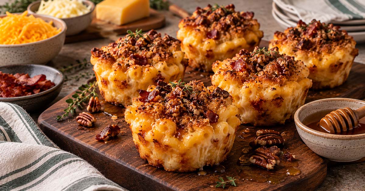 Smoked Paprika Bacon Mac & Cheese Cups with Hot Honey Pecan Crunch