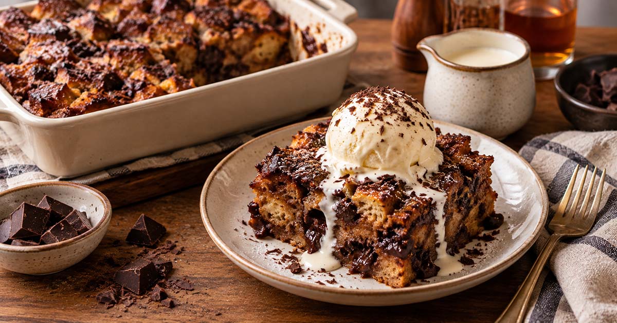 Warm Brownie Bread Pudding with Bourbon Vanilla Cream